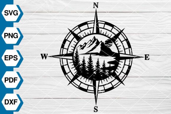 Compass with Mountain Scene: Graphics & Illustrations for Branding