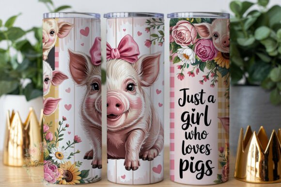 Cute Piglet Floral Plaid Tumbler Wrap Graphics