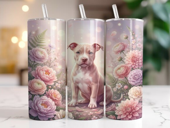 Cute Pitbull Puppy Floral Tumbler Wraps Graphics