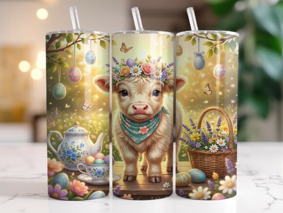 Floral Crown Highland Cow Easter Tumbler Graphics for Tumbler Wraps