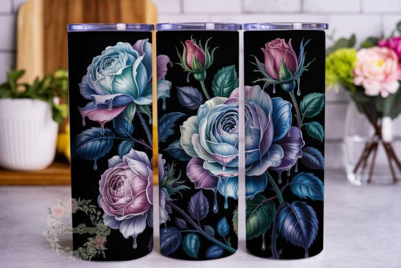 Icy Blue Dripping Rose Design Tumbler