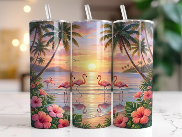 Pink Flamingo Tropical Beach Tumbler Wraps & Graphics
