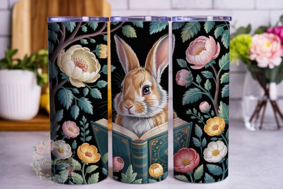 Reading Bunny Floral 20oz Tumbler Wrap Graphics