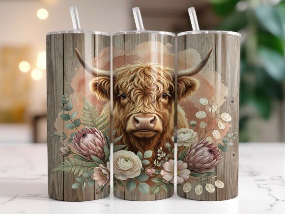 Rustic Highland Cow Floral Graphics for Tumbler Wraps