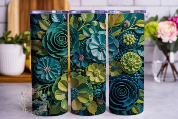 Teal Green Botanical Flowers Tumbler Graphics