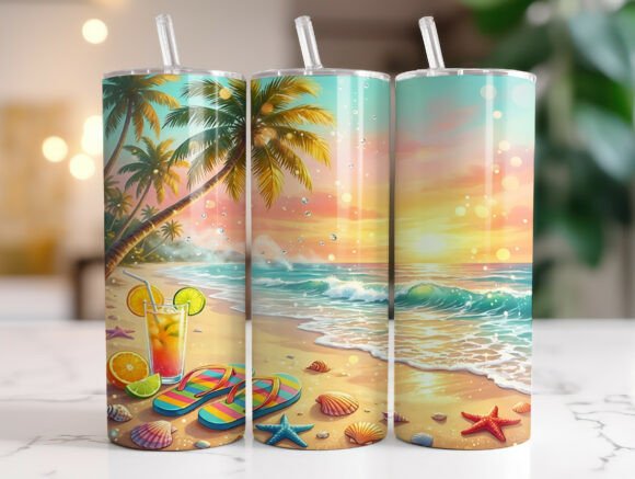 Tropical Beach Sunset Palm Tumbler Graphics