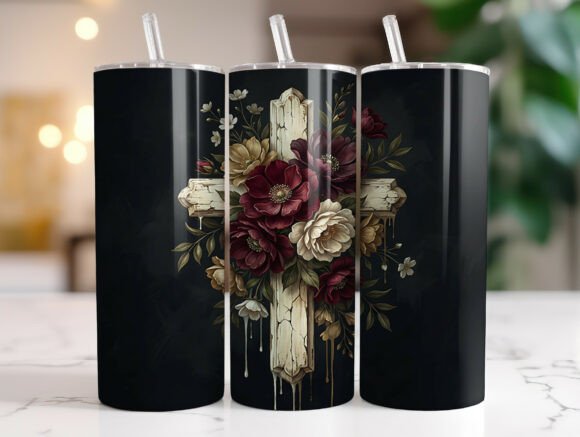 Vintage Floral Cross 20oz Tumbler Wrap Graphics